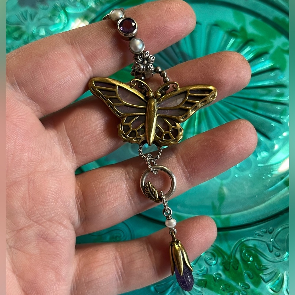 Vintage Sterling Silver 925 Bronze Mother of Pearl Amethyst Butterfly Pendant